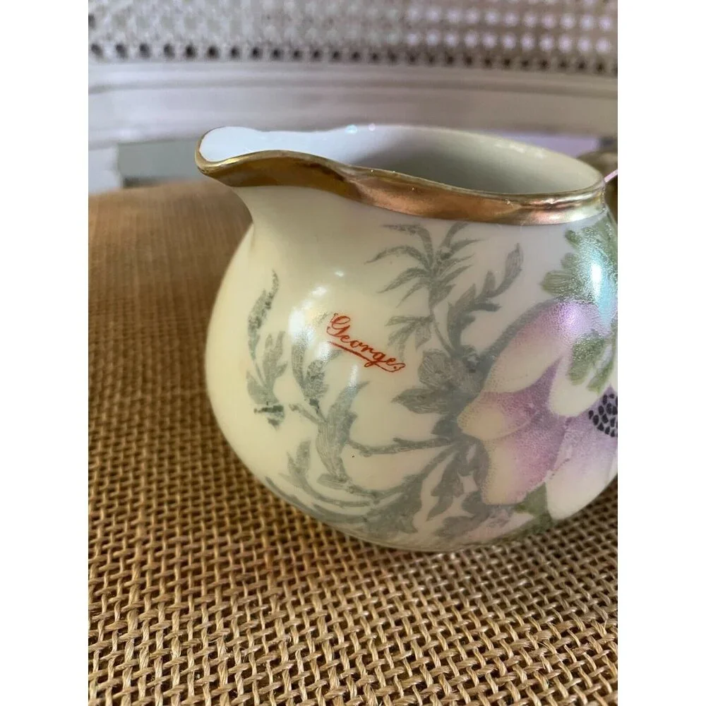 D & E.G. Royal Austria Handpainted Artist Signed Purple Floral Creamer & Sugar